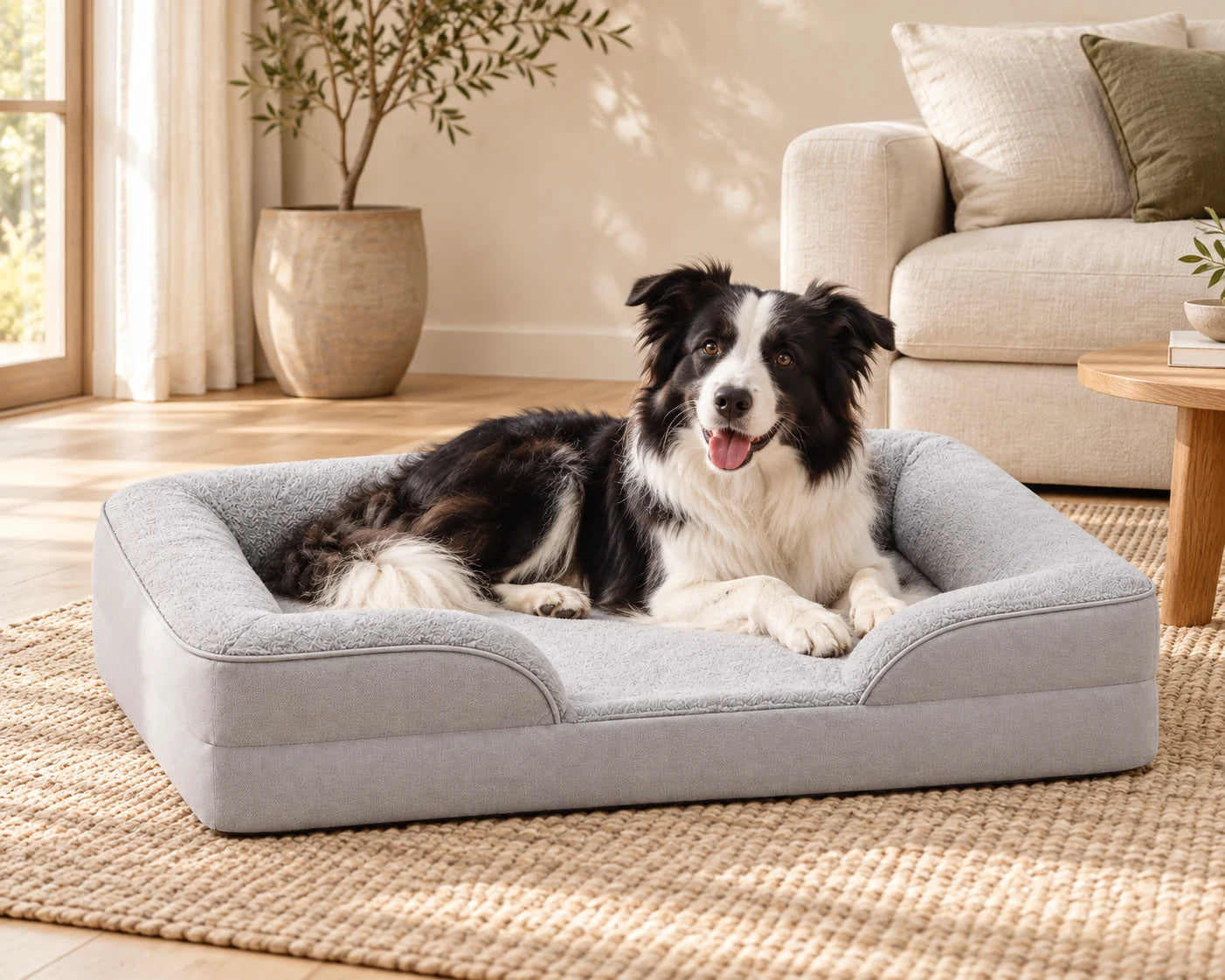 Dog resting in the gray CloudNest bed in a softly lit neutral living room