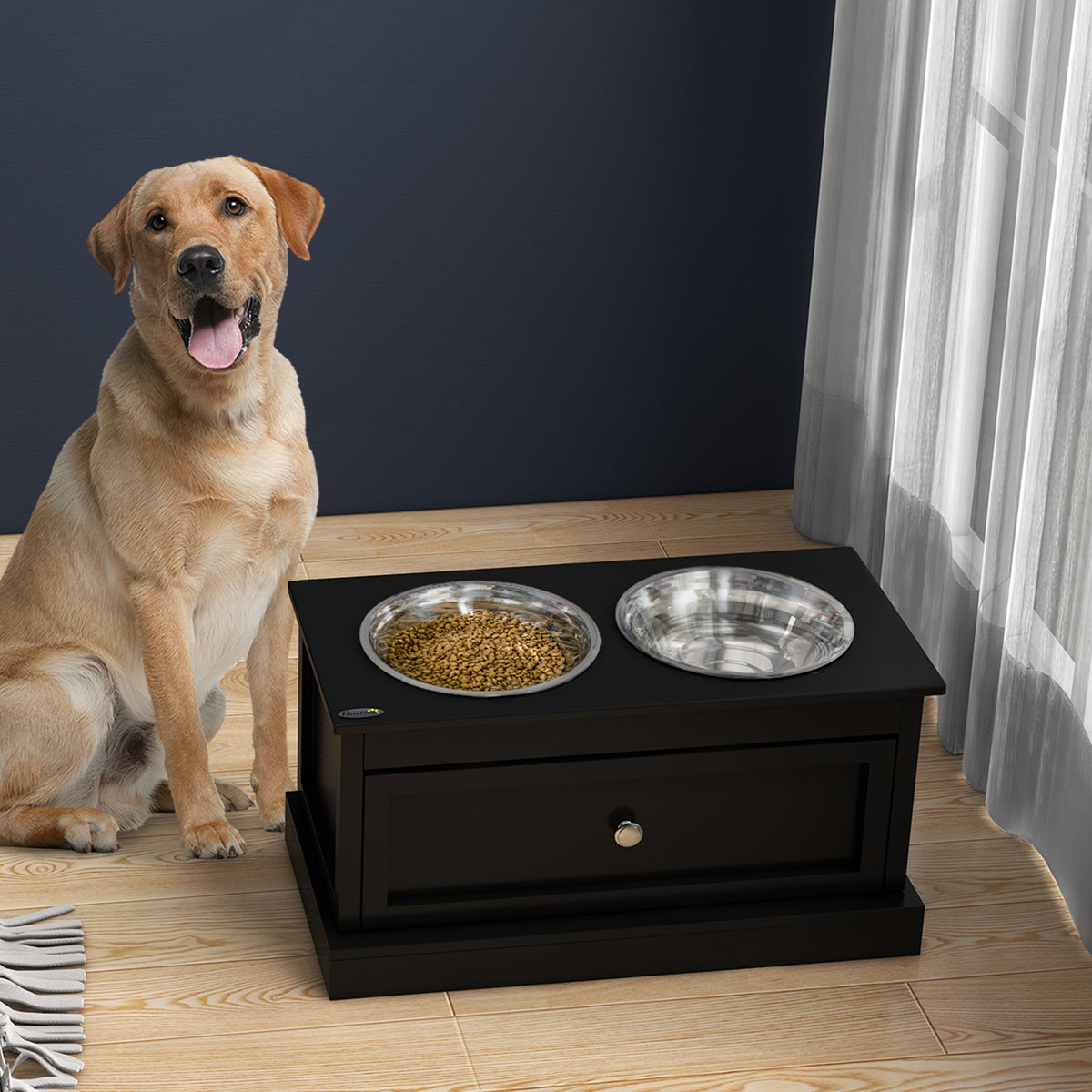 ElevateServe feeding station with two bowls and storage drawer