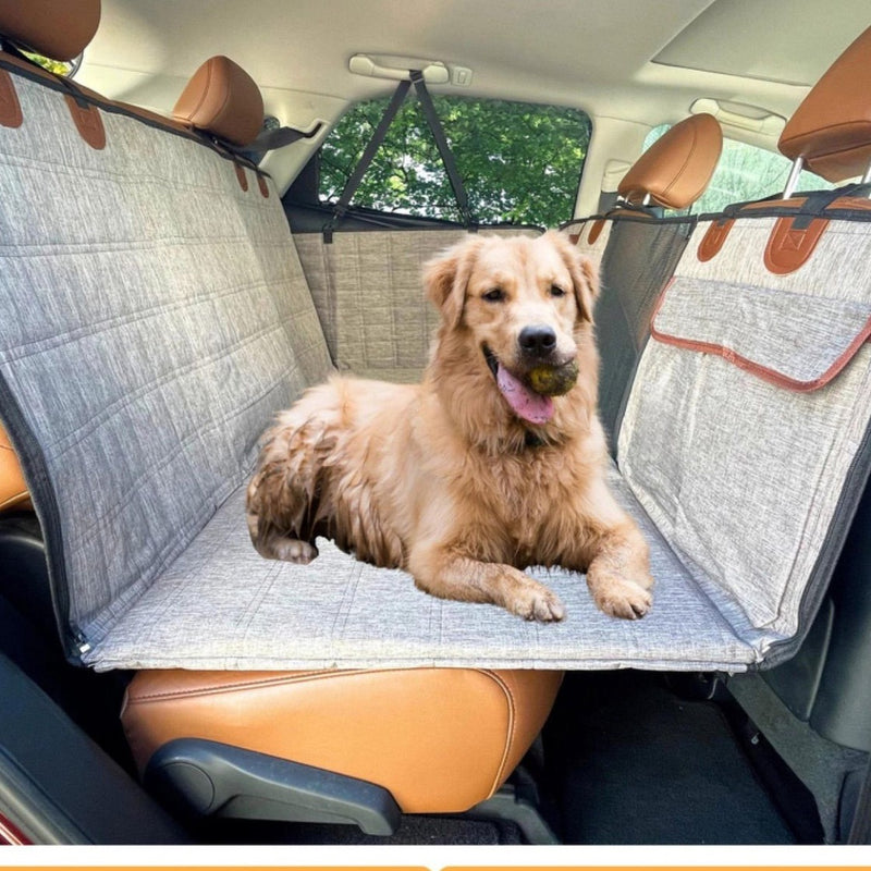 Gray rear-seat dog travel bed and cover installed in a vehicle