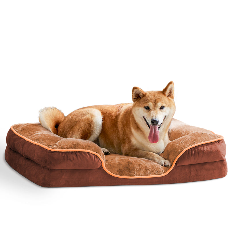 Brown RestHaven bolster dog bed with a dog resting inside