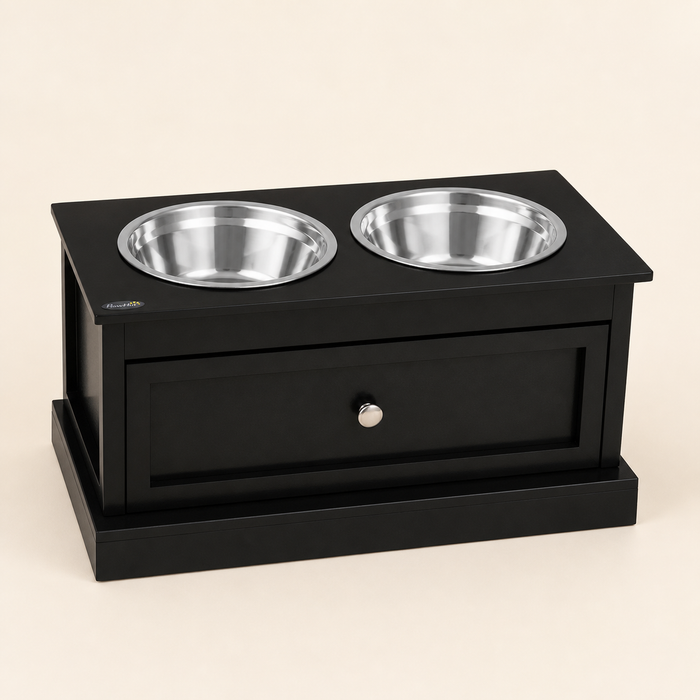 ElevateServe black feeding station with two stainless-steel bowls
