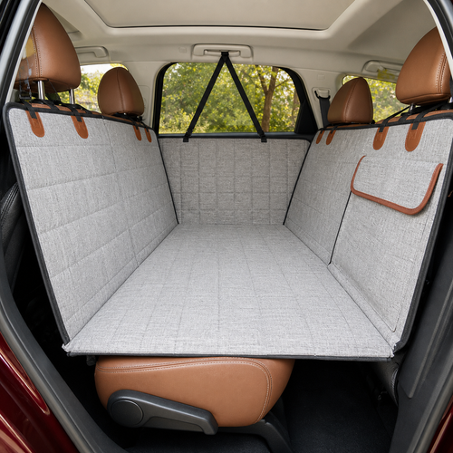 Gray rear-seat dog travel bed and cover installed in an SUV