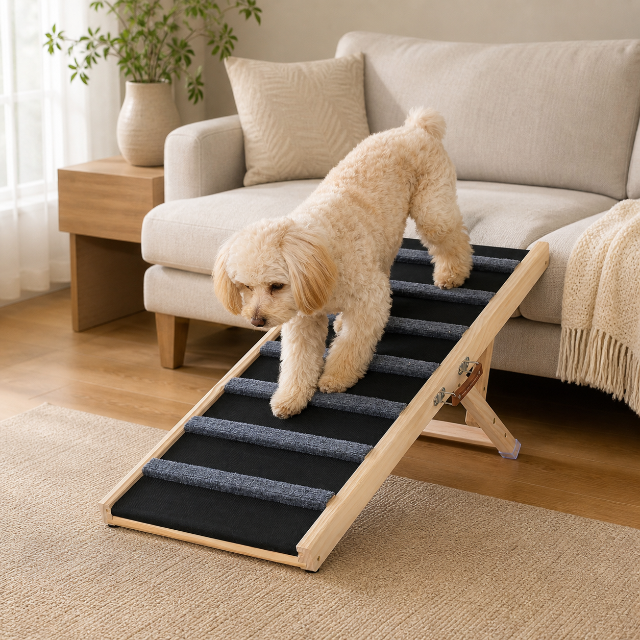 Dog using the GlideStep adjustable pet ramp beside furniture